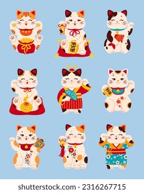 Gatos afortunados japoneses. Figuras asiáticas que representan a un gato con una pata verticalmente elevada. Señal de fortuna y riqueza. Juego de juguetes folclóricos al estilo de las caricaturas.