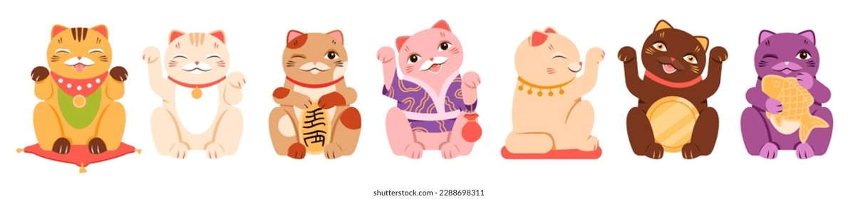 Japanese lucky cats set vector illustration. Cartoon isolated various poses collection of cute maneki neko characters, funny doll animal and symbol of money and wellbeing, luck and good fortune