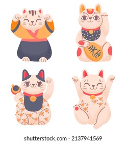 Japanese lucky cats waving with paws. Asian figurine in traditional clothing with greeting gesture. Smiling pet character bringing luck and prosperity. Isolated talisman vector set