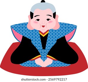 A Japanese lucky charm doll named Fukusuke sitting upright and bowing