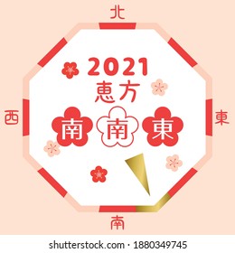 Japanese lucky direction in 2021 year. vector logo.
"lucky direction" "south southeast" "East West North South" are written in Japanese.