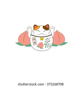 Japanese lucky fortune cat with peach fruits and Japanese  letter of good luck vector design illustration.