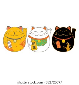 Japanese lucky fortune cat vector with Japanese word of luck design illustration.