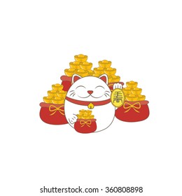 Japanese lucky fortune cat with Japanese words many money - vector design illustration.