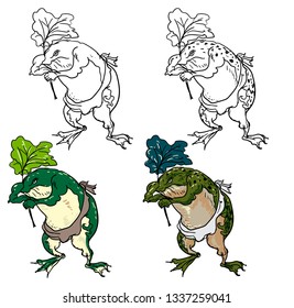 Japanese lucky frog design for tattoo.Traditional Frog action post outline vector. Asian lucky Amphibian animal.Frog hand hold lotus leaf.