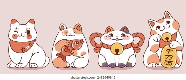 Gato maneki neko de la suerte japonesa en diferentes poses y emociones de la cara. Figura tradicional oriental de la fortuna guiñando el ojo y sosteniendo el pescado en las patas, con lingote de oro y medallón en el cuello. Conjunto de Vector de dibujos animados