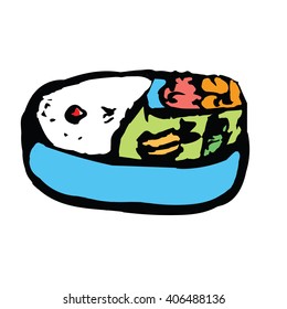 Japanese lunch box hand-drawing style with blue box packed to school isolated on white background
