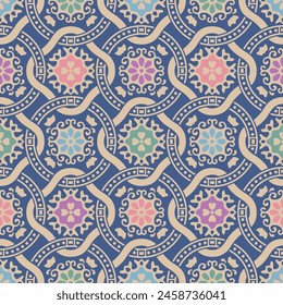 Japanese Luxury Flower Circle Chain Vector Seamless Pattern