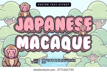 Japanese macaque editable text effect with cute kawaii cartoon monkey, forest background, playful typography for children design and branding