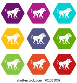 Japanese macaque icon set many color hexahedron isolated on white vector illustration