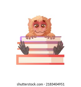 Japanese macaque sitting with books. Cute animal  learn. Back to school. Cartoon style vector illustration