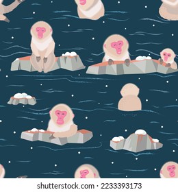 Japanese Macaque (Snow monkeys) relaxing in the hot spring. Seamless vector pattern