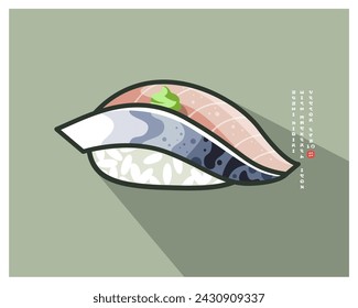 Japanese Mackerel Nigiri Sushi. Rice with fresh fish  and some sauce. Icon with English text like of Japanese characters.