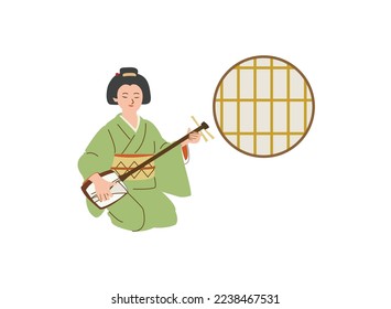 Japanese maiko is playing syamisen. Japanese traditional instrument.