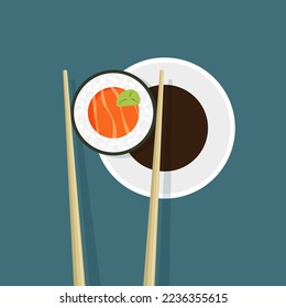 Japanese maki roll with salmon. Chopsticks holding sushi dipped in soy sauce. Traditional Asian food. Top view. Vector illustration in trendy flat style isolated.