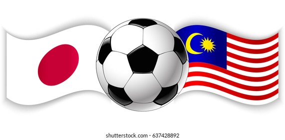 Japanese and Malaysian wavy flags with football ball. Japan combined with Malaysia isolated on white. Football match or international sport competition concept.
