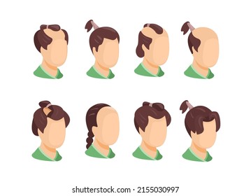 Japanese male classical hairstyle collection set. samurai head avatar cartoon illustration vector