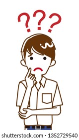Japanese male high school student who has doubt something with three question marks -waist up, line art