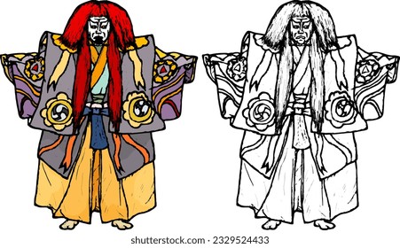 Japanese male Kabuki performer in kimono costume and painted face, isolated against white. Hand drawn vector illustration.