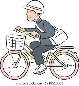 Japanese male student going to school by bicycle