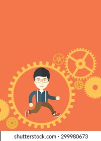A japanese man with a beard is running inside the gear. Business in action concept. A Contemporary style with pastel palette, orange tinted background. Vector flat design illustration. Vertical layout