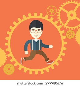 Un japonés con barba está corriendo dentro del equipo. El concepto de negocio en acción. Un estilo contemporáneo con una paleta pastel y un fondo de color naranja. Ilustración de diseño plana vectorial. Diseño cuadrado