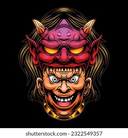 Japanese man and devil mask spooky, mascot illustration