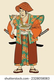 Japanese Man With Kimono Eating Ramen