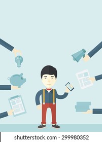 A japanese Man with smartphone in hand has a lot of of task and paperwork suitable for time management business concept. A Contemporary style with pastel palette, soft blue tinted background. Vector