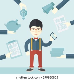 A japanese Man with smartphone in hand has a lot of of task and paperwork suitable for time management business concept. A Contemporary style with pastel palette, soft blue tinted background. Vector