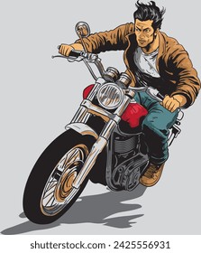 Japanese Man speed riding on Motorcycle Vector Illustration