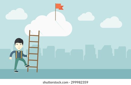 Un japonés parado mientras sostiene la escalera de su carrera para poner la bandera roja en la nube. Carrera, concepto de éxito.  Un estilo contemporáneo con una paleta pastel y un fondo suave de tonos azules con