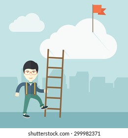 A japanese man standing while holding the career ladder to get the red flag in the cloud. Career, success concept.  A contemporary style with pastel palette soft blue tinted background with
