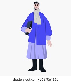 Japanese man in summer outfit. Stylish young character in pants, accessories, bag. Male wearing trendy fashion apparel, clothes. Flat vector illustration isolated on white background.