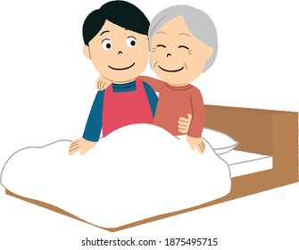 Japanese man take care grandmother on the bed.