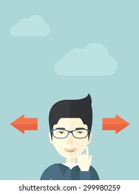 Japanese man thinking which way to go left or right arrows. Choosing concept.  A Contemporary style with pastel palette, soft blue tinted background with desaturated clouds.. Vector flat design