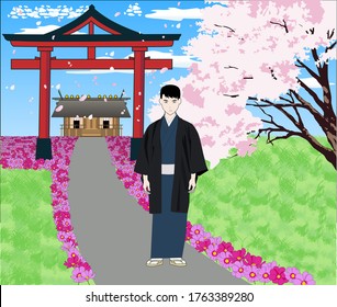 Japanese man with a traditional haori cloth in front of a sanctuary surrounded by kosumosu flowers