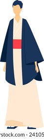 Japanese man in traditional kimono standing with calm pose. Asian male in cultural attire, simple style vector illustration.