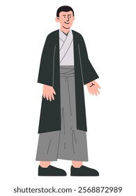 Japanese man wearing Haori Hakama Japanese culture attire dress cultural heritage clothes colorful character smiling expression design