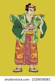 Japanese Man Wearing Kimono Eating Ramen Noodle in Edo Style Illustration