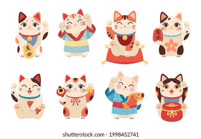 Japanese maneki cats. Asian lucky figurines, cute animals with raised paw, national tradition and culture symbol, funny money and fortune kittens. Vector cartoon flat isolated set svg