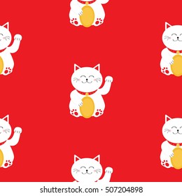 Japanese Maneki Neco kitten waving hand paw. Lucky cat holding golden coin. Seamless Pattern Cute character. Wrapping paper, textile template. Red background. Flat design. Vector illustration.