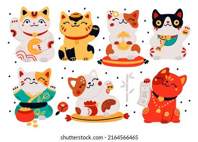 Japanese maneki neko cats. Asian good luck symbols. Cute kitty characters. Folklore figurines. Fortune and wealth talismans. Funny toys. Traditional dolls. Garish vector