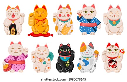 Japanese maneki neko cats. Cartoon lucky japan traditional cat toys, kawaii fortune animal vector illustration set. Cute asian maneki neko cats. Japan traditional cat, chinese kitten, maneki lucky svg