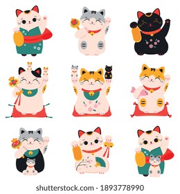 Japanese Maneki Neko Cats Collection, Traditional White Lucky Cat Doll, Symbol of Good Luck and Wealth Cartoon Style Vector Illustration