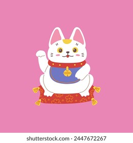 Japanese Maneki Neko figurine amulet. The lucky cat wealth symbol. Cartoon kitten sits on a pillow and raised her paw. Great fortunes sign in eastern culture, Feng Shui. Vector illustration on pink