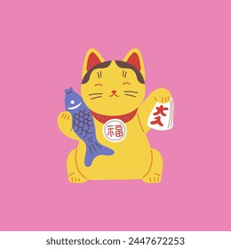 Japanese Maneki Neko figurine with fish and hieroglyph runes talisman. The lucky white cat wealth symbol. Cartoon great fortunes sign in eastern culture, Feng Shui amulet. Vector illustration on pink