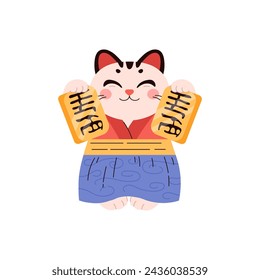Japanese Maneki Neko figurine. The lucky cat wealth symbol. Cartoon dressed kitten holds an amulet. Great fortunes sign in eastern culture, Feng Shui. Vector illustration isolated
