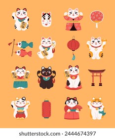 Japanese Maneki Neko figurines. The lucky cat wealth and traditional success symbols set. Cartoon kitten holds an amulets. Great fortunes signs in eastern culture. Vector Feng Shui illustrations