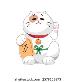 Japanese Maneki neko with golden coin. Statuette of lucky cat with raised paw. Traditional Asian figurine, souvenir. Fortune in Japan culture. Flat isolated vector illustration on white background